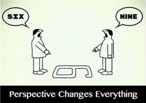 A cartoon of two people looking down at a number on the floor in front of them. One sees a 6 and the other sees a 9.